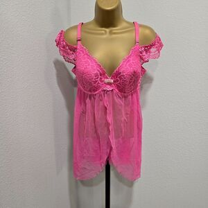 Babydoll Coquette Pink Lace Teddy Chemise Womens 38D Sheer Fredericks Hollywood